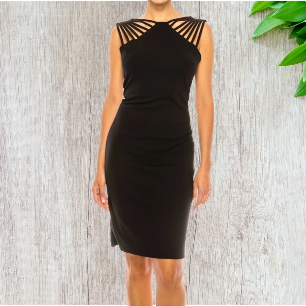 Shelby & Palmer Black Strappy Neck Sheath Midi Dress